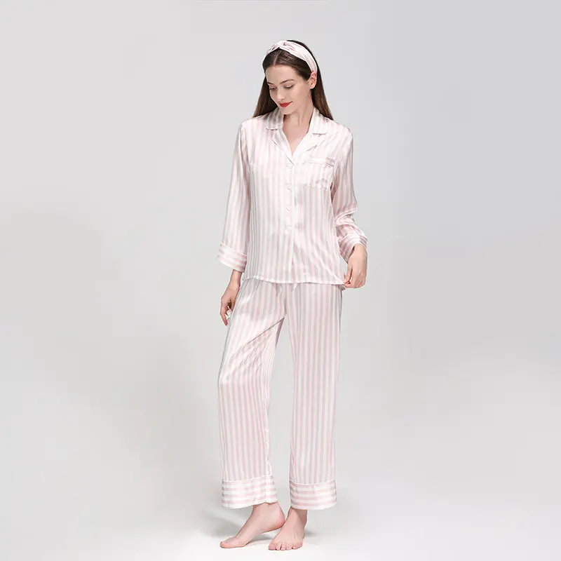 Vrouwen Comfortabele Slaap Jurk 100% Zijde Nachtkledij Zijden Pyjama Met Lange Mouwen En Lange Broek Luxe Zijde Satijn Pyjama