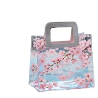 Sac fourre-tout transparent personnalisé motif fleur de cerisier Sakura, découpe carrée, poignée rigide, sac à main transparent pour cosmétiques, cadeau de mariage