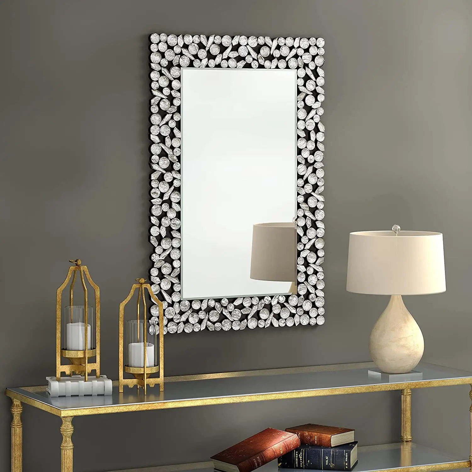 Rectangular Decorative Wall Mirror Silver Mosaic Accented Large Antique Venetian Wall Mirror for Entryways Living Room Bathroom