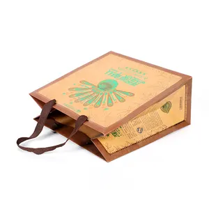 Bolsa de papel ecológico de diseño impreso completo, materiales reciclados duraderos, bolsa de regalo Kraft marrón impresa con asas de cuerda