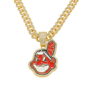 Pendentif sportif en émail <span class=keywords><strong>Cleveland</strong></span> <span class=keywords><strong>Indians</strong></span> Chief Wahoo, bijoux hip-hop unisexe pour enfants, plaqué or 14 carats, alliage de zinc, style cubain glacé - Product Image 6