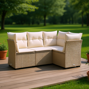 Conjunto de Sofá de Jardín en Ratán Sintético PE Beige, Patas Ajustables, Muebles de Exterior de Diseño Contemporáneo, Cojines de Espuma de Alta Densidad - Product Image 3