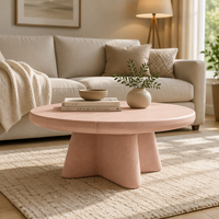 Table basse ronde Ellok, base en forme d'étoile rose clair, table basse à moyenne hauteur, avec finition en daim mat pour salon
