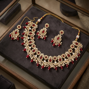 Indian Traditional Antique Gold Plated Kundan Choker <b>Necklace</b> Set Maroon <b>Ruby</b> Red Gemstone Bead Bridal Jewelry Set with Earrings - Product Image 3