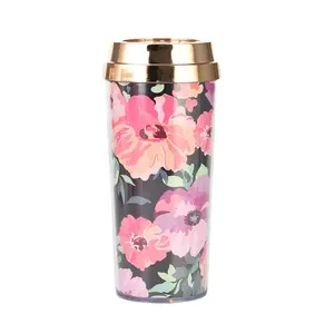 2022 BPA free mother's day travel mug double walled floral design paper insert with gold lid coffee tumbler for office