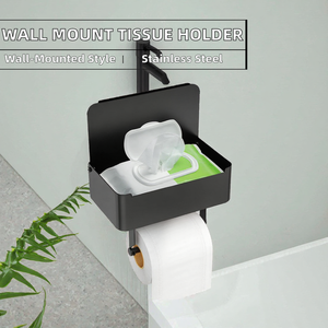 Support mural en acier inoxydable noir pour rouleau de papier toilette avec étagère de rangement pour projets de villas - Product Image 2