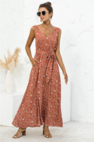 Col en V ceinture taille haute robe de plage sans manches femmes longue robe robe d'été