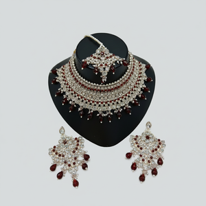 <b>Gold</b> Plated Brass Zircon Ethnic Bridal Jewelry <b>Set</b> Choker Necklace Drop Earrings Tikka High Quality Wedding Party Anniversary - Product Image 2