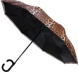 供应商豹纹倒车伞带C柄免费伞，适用于女性防风内UV倒车伞带标志