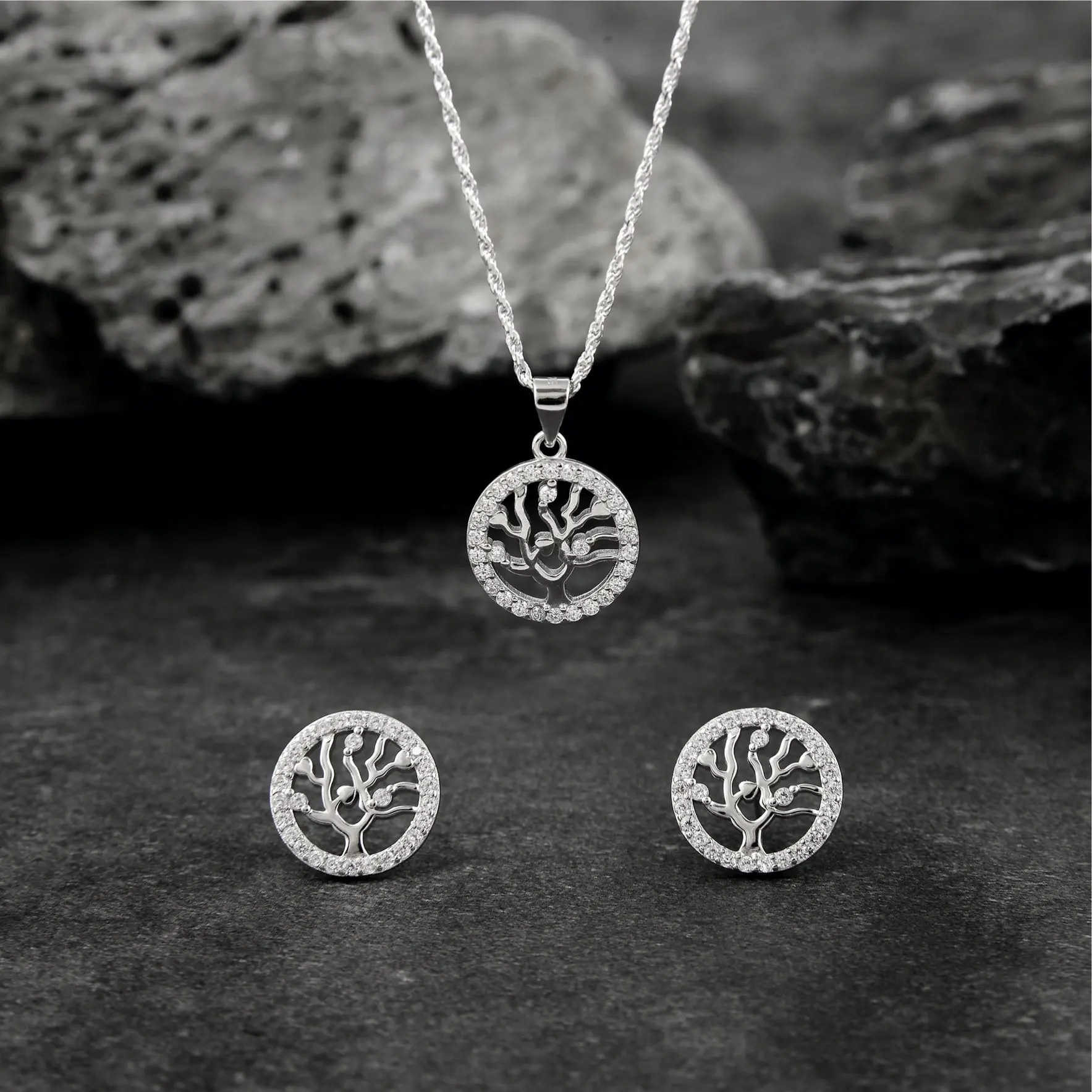 SayYes 925 Sterling Silver Jewelry CZ Tree Of Life Cabala Kabala Kabbalah 18K Gold Rhodium Plated Pendant Earrings Sets