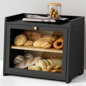 Kitchen Countertop Black Bread Box, Homemade Bread Large Bread Storage Box, Wooden Farmhouse Bread Box Organizer for Cupboards