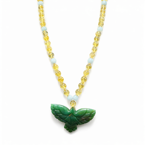 <b>Citrine</b> and Aquamarine Bead Mala Necklace with Green Aventurine Phoenix <b>Pendant</b> - Harness the Power of Renewal and Abundance - Product Image 2
