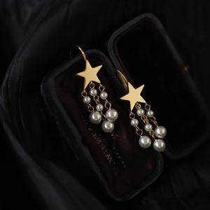 Pendientes de Aro de Acero Inoxidable Hechos a Mano con Estrella Pentagonal, Borla de Perlas y Diseño de Lluvia de Meteoros, de Moda para Fiestas - Product Image 2