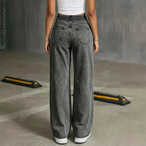 Jean thermique ample à jambe large et taille haute pour adolescentes, coupe droite décontractée, en denim délavé vintage, toutes saisons, sur mesure - Product Image 2