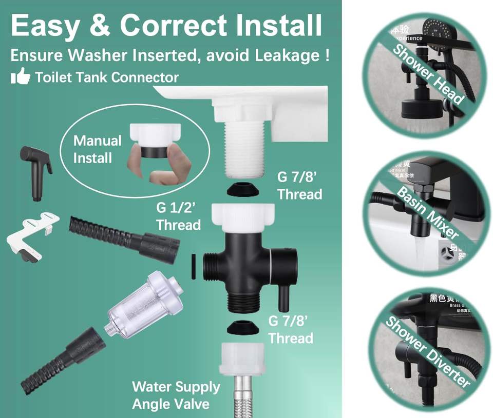 Shut Off Black/color Modern 3-Way Toilet Diverter Valve Brass Bidet T Adapter Shut-Off Valve ...