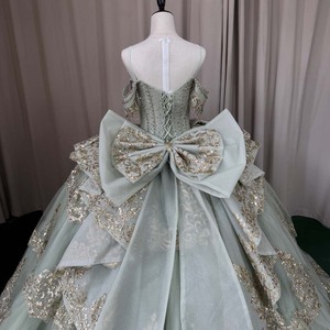 Jancember MCT020 Elegante Abito Verde Menta <span class=keywords><strong>per</strong></span> Quinceañera con Scollo a Cuore, Pizzo Dorato e Fiocco - Product Image 6