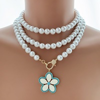Kalung Mutiara 3 Lapis TK-C621 untuk Wanita, Liontin Bunga Turquoise, Kalung Elegan untuk Liburan dan Pernikahan
