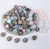 Collier de perles lâches pour hommes et femmes Accessoires de bricolage 15mm Impression par transfert d'eau Vache Imprimé léopard Perles en silicone et PVC Vente en gros