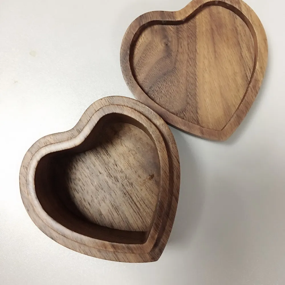 100% natural walnut wood handmade heart shape ring box for jewelry case