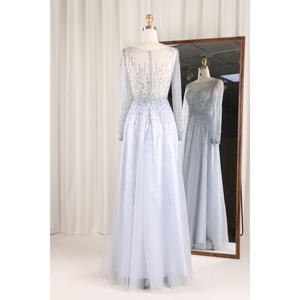 Mới màu xanh dài tay áo sang trọng xem qua tham gia cô dâu nặng beadings A-line buổi tối Áo Đầm nữ hoàng phong cách cuộc họp thường niên - Product Image 3