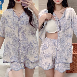 2026 Summer Women Pajamas Set With Chest Pad Short Sleeve Shirt and Pant Cartoon Printed Loose Casual Home Wear Set With Bra - Product Image 1