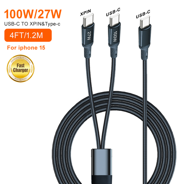 100W USB C Cable Single Port Max 100W 4FT 20V/5A 2 in 1 Multi Fast Charging Nylon Braided for iphone 15Pro/Plus/Max Pro iPad Pro