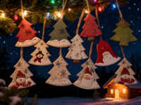 Décoration de Noël suspendue personnalisée en bois massif gravé, thème féerique écologique, Père Noël et bonhomme de neige, avec corde