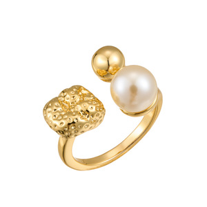 Pearl <b>Ring</b> Gold Textured Adjustable <b>Opening</b> Bezel Setting AAA Grade Round Geometric Shape Everyday Wear - Product Image 5