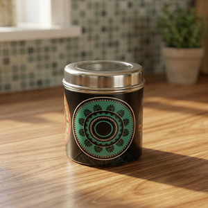 Boîte à épices ronde en acier inoxydable avec couvercle, design bohème imprimé, capacité 1-3L, boîte de conservation alimentaire - Product Image 4