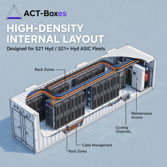 ACT 40ft Energy Efficient Liquid Cooling Container for Antminer S21 Hyd Reduces Auxiliary Power for Long Term Investment