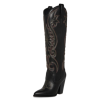 Bottes larges rétro brodées Style occidental Bottes hautes à talons compensés pour femmes Bottes de cowboy à talons hauts Mode PU noir
