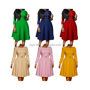 Abito midi <span class=keywords><strong>da</strong></span> ufficio <span class=keywords><strong>da</strong></span> <span class=keywords><strong>donna</strong></span> <span class=keywords><strong>taglie</strong></span> forti, a maniche lunghe, linea ad A, con cintura e bottoni decorativi, tinta unita, elegante per chiesa o occasioni formali - Product Image 1
