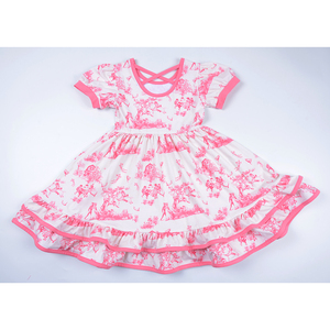 Vestito Estivo per Bambine con Stampa Toile De Jouy Rosa, Abito a Maniche Corte per Feste, Compleanni e Servizi Fotografici - Product Image 2