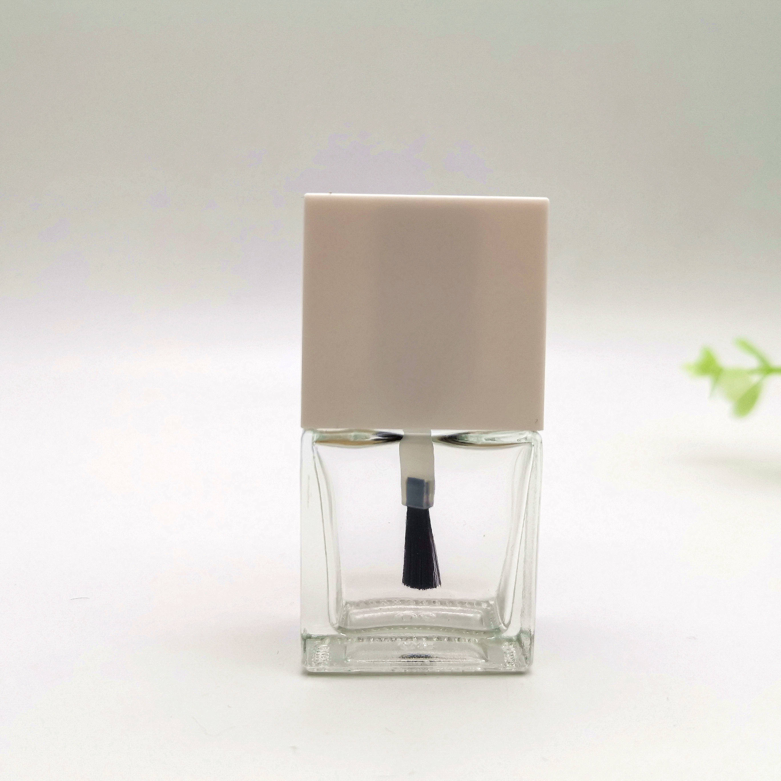 Square Shape Clear UV Gel Glass Nail Polish Bottle With Black And White Cap And Brush