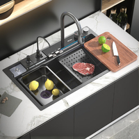Évier de cuisine moderne et populaire en acier inoxydable 304, multifonctionnel, avec robinet cascade, design carré brossé nano, cuve unique