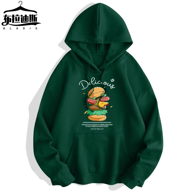 hot selling American Street Style Comfy heavyweight hoodie With Pockets Hooded Long Sleeve hamburger print Pullover men hoodie