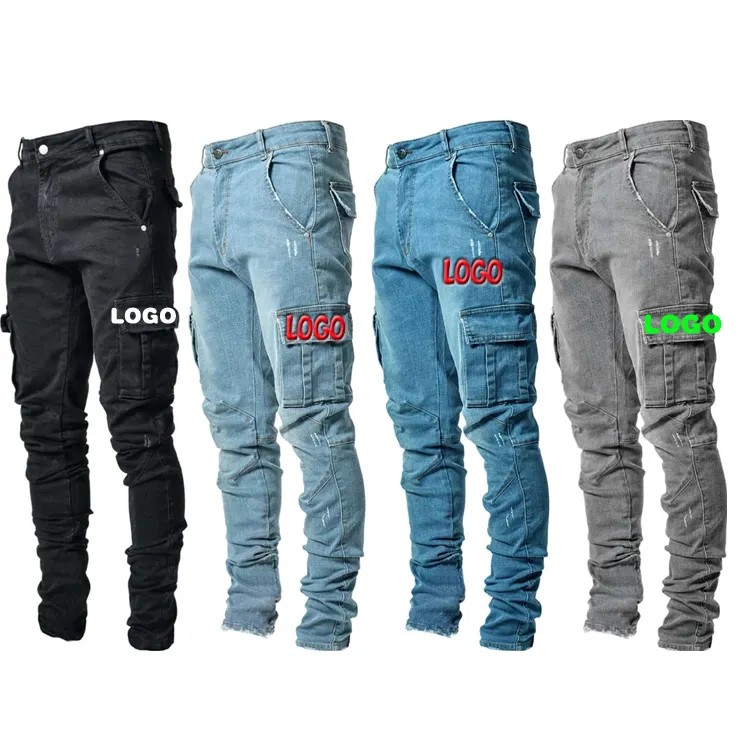 Jeans Men Pants Casual Cotton Denim Trousers Multi Pocket Cargo Jeans Men add logo New Fashion Denim customized Pants Side Pock