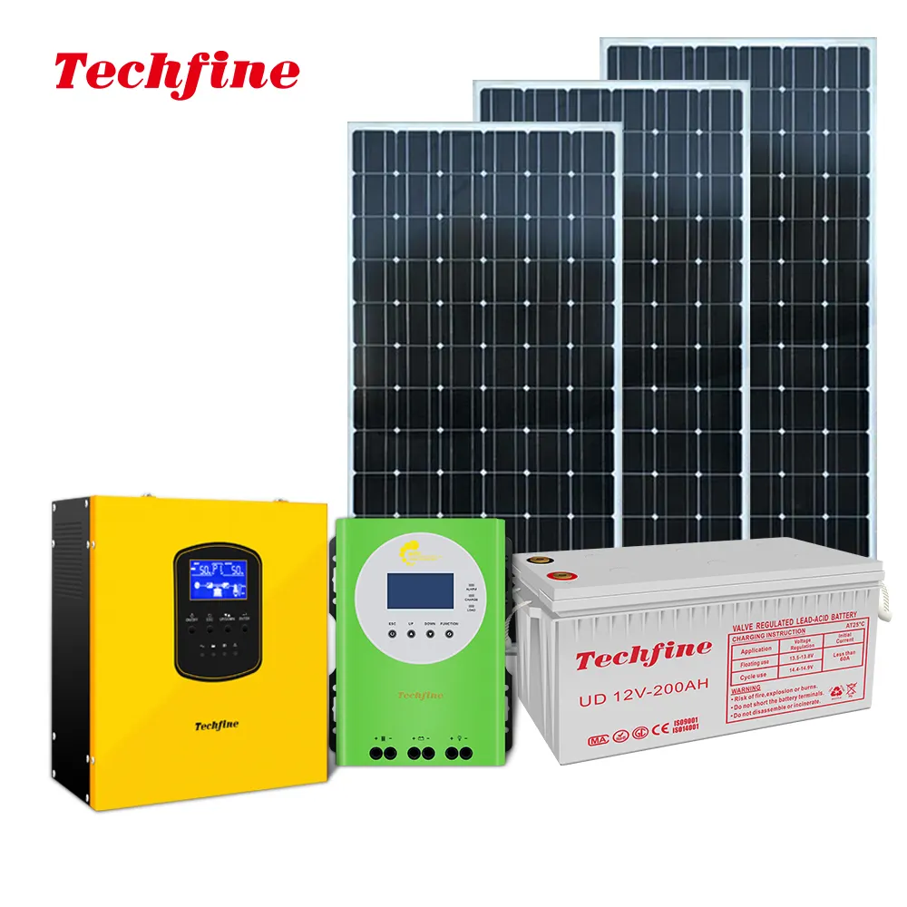 Techfine Système solaire hors réseau Énergie hybride 1000w 2000w 3000w 5000w systèmes d'énergie solaire hybride cc à ca pour la maison