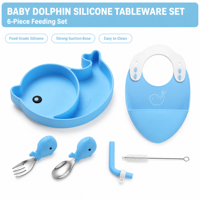 Enfants dauphin Silicone alimentation vaisselle 6 pièces ensemble de qualité alimentaire sans BPA ventouse plaque bol tasse cuillère enfant en bas âge sevrage
