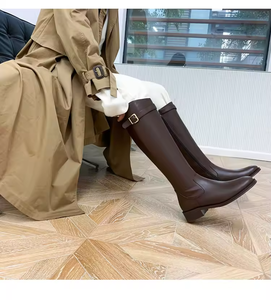 Nouvelles Bottes Longues en Cuir pour Femmes 2025 – Modèle Designer à Bout Rond, Talon Carré Plat, Fermeture Éclair Latérale, Bottes au-dessus du Genou Tendance pour Dames - Product Image 5