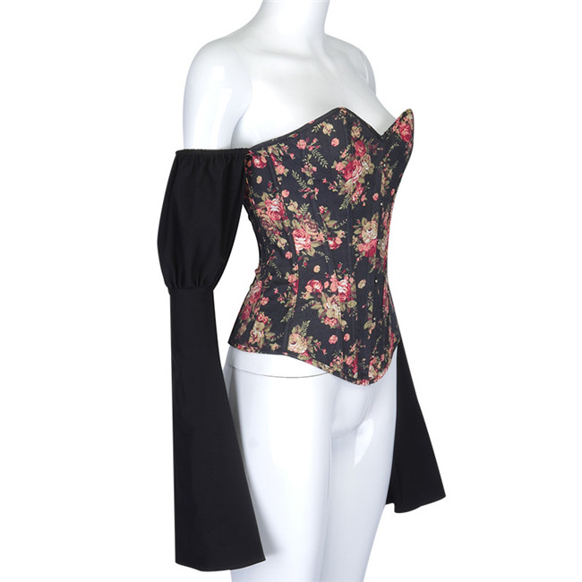 New women's long-sleeved halter strap printed denim corset top