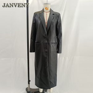 JANVENY 2024 Nuovo Cappotto in <span class=keywords><strong>Ecopelle</strong></span> Sopra il Ginocchio Primavera-Autunno da Donna <span class=keywords><strong>Nero</strong></span> con Risvolto Versatile Ampio <span class=keywords><strong>Trench</strong></span> in Pelle Artificiale - Product Image 6
