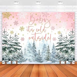 Sfondo fotografico personalizzabile per baby shower con motivo Baby It's Cold Outside, foresta invernale e fiocchi di neve - Product Image 3