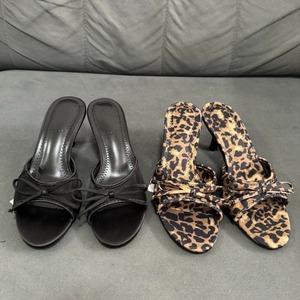 Nouveauté : Sandales à talons mi-hauts pour femmes - Imprimé léopard, tissu en maille, nœud décoratif, à enfiler, ouvertes à l'arrière, confortables - Product Image 1