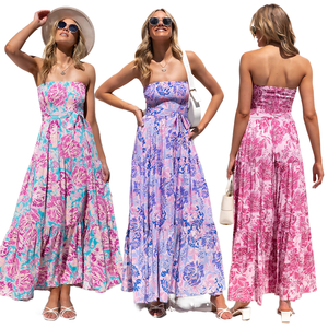 Robe longue plissée sans bretelles pour femme, taille empire, style bohème, tissée, respirante, sans manches, imprimé floral, décontractée, été 2025 - Product Image 1