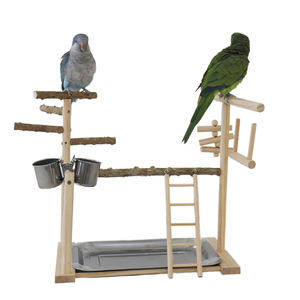 Doğal ahşap çevre dostu kuş Cockatiel papağan için <span class=keywords><strong>stand</strong></span>ı-levrek <span class=keywords><strong>stand</strong></span>ı çıkarılabilir tepsi 2 paslanmaz çelik bardak salıncak - Product Image 1