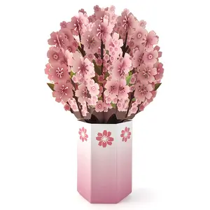 Zeecan Vente en gros de cartes de mariage Bouquet de fleurs de cerisier Pop Up Bouquet de cartes de voeux Pop up 3D