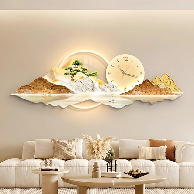 Functional Luminous Home Wall Decoration Modern Style Landscape Art Gold Luxury Acrylic Crystal Porcelain LED Wall Clock