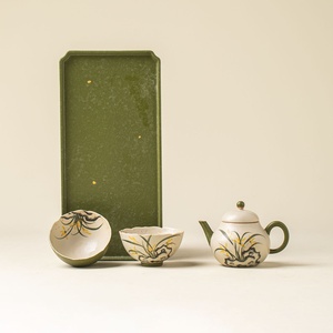 Service à thé Kung Fu en céramique, peint à la main sous glaçure, style rétro, théière en forme de poire et tasses, un pot et deux tasses - Product Image 1