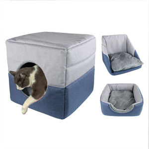 2-in-1 Multifunktionales Kleintierhaus Kühlbett mit Weicher Matte Faltbares Kurzfloriges Warmes Katzenbett - Product Image 1